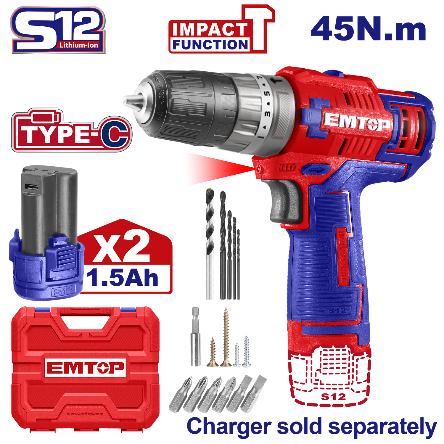 Kit Taladro de impacto 45Nm, inalámbrico 12V