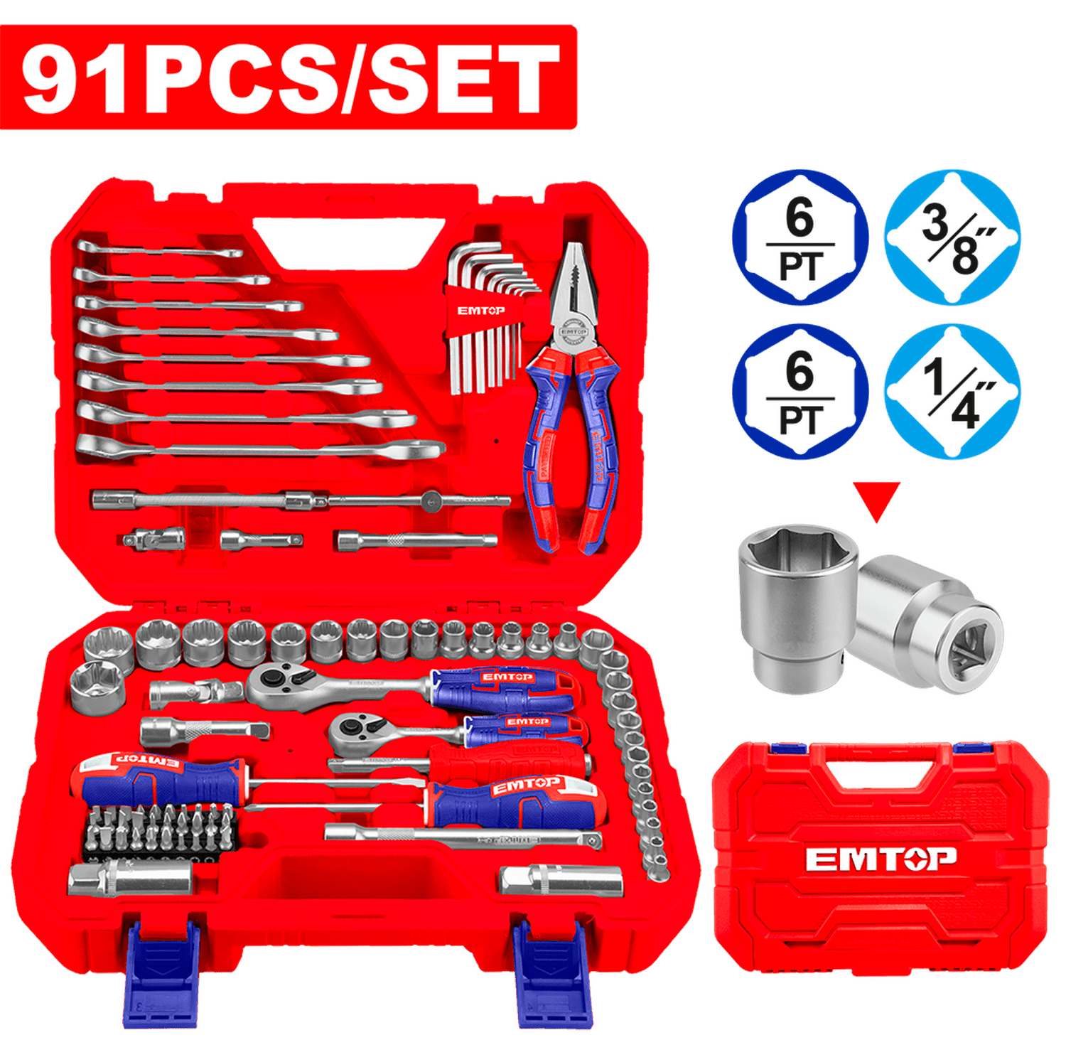 Caja de herramientas para mecánico de 91 piezas - EMTOP MEXICO