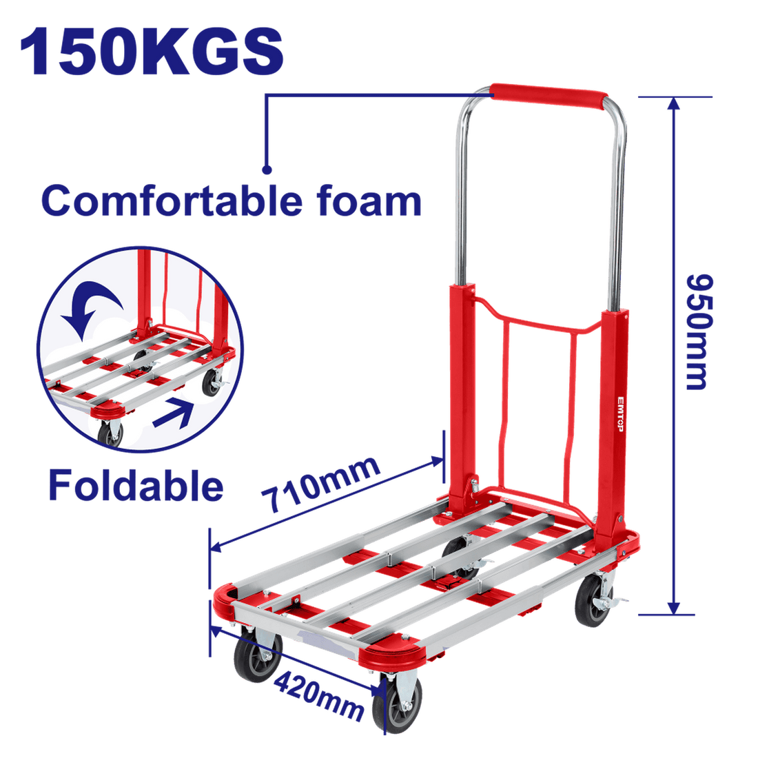 Carrito de mano con plataforma plegable 150 Kg - EMTOP MEXICO