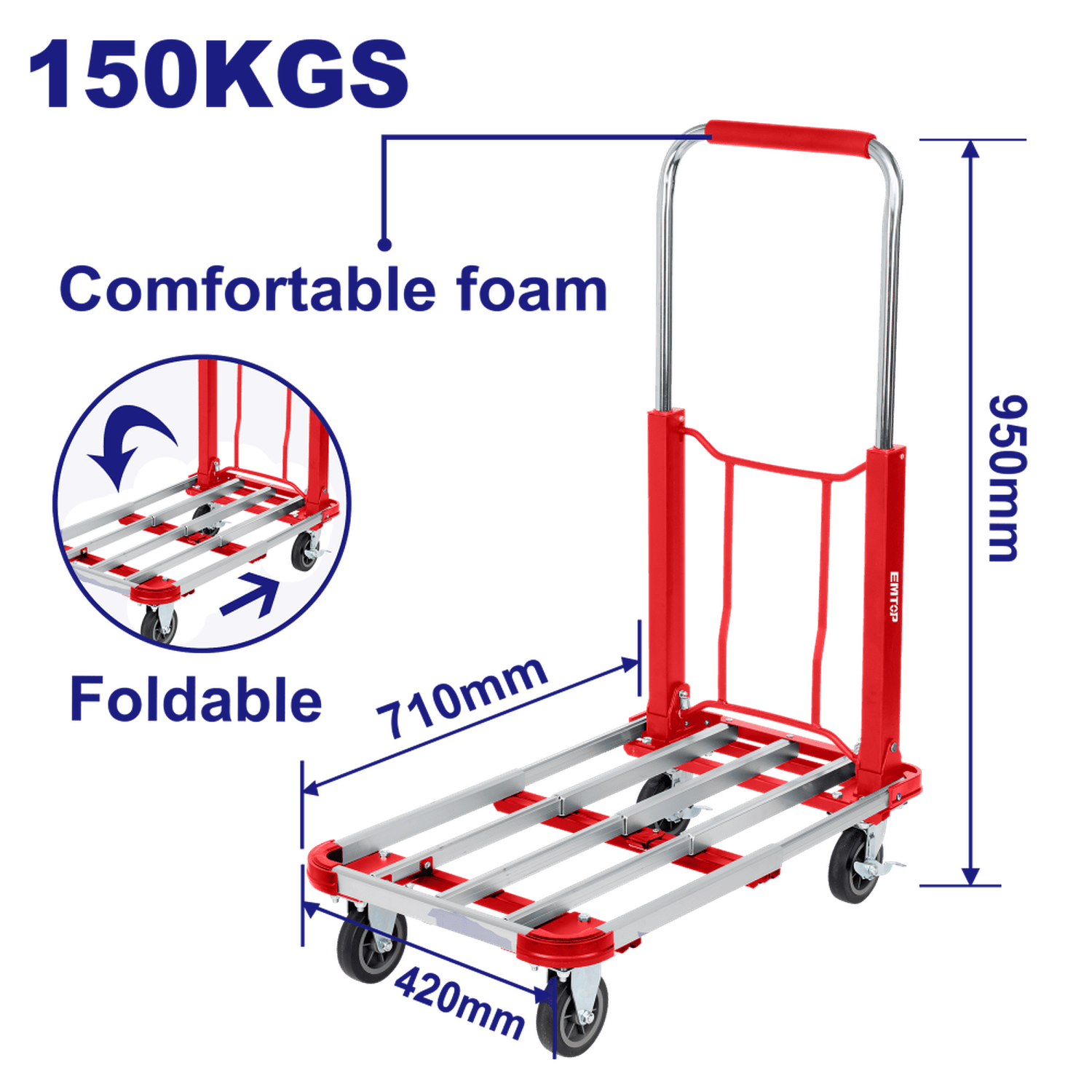 Carrito de mano con plataforma plegable 150 Kg - EMTOP MEXICO