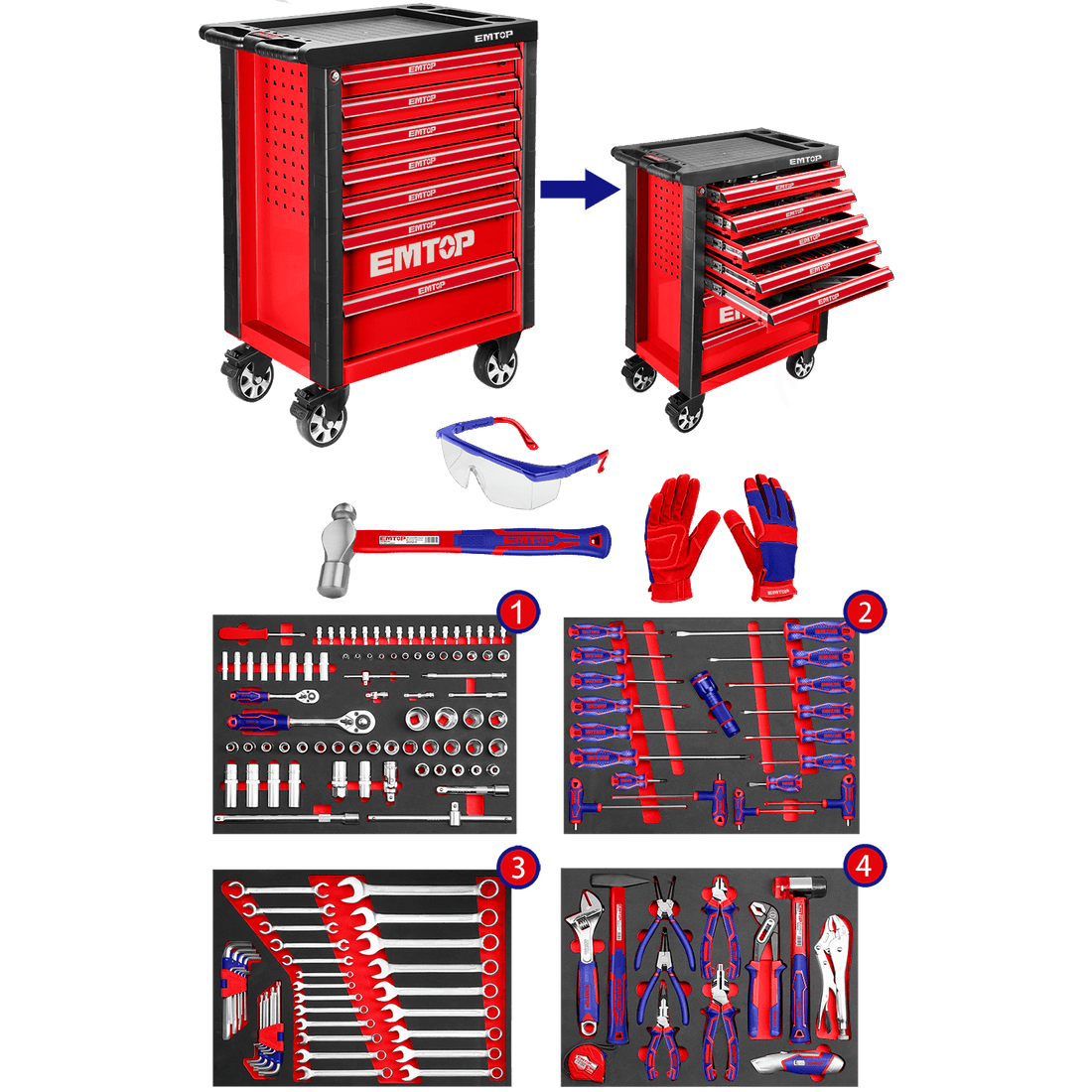 Carro porta herramientas, incluye 163 piezas - EMTOP MEXICO