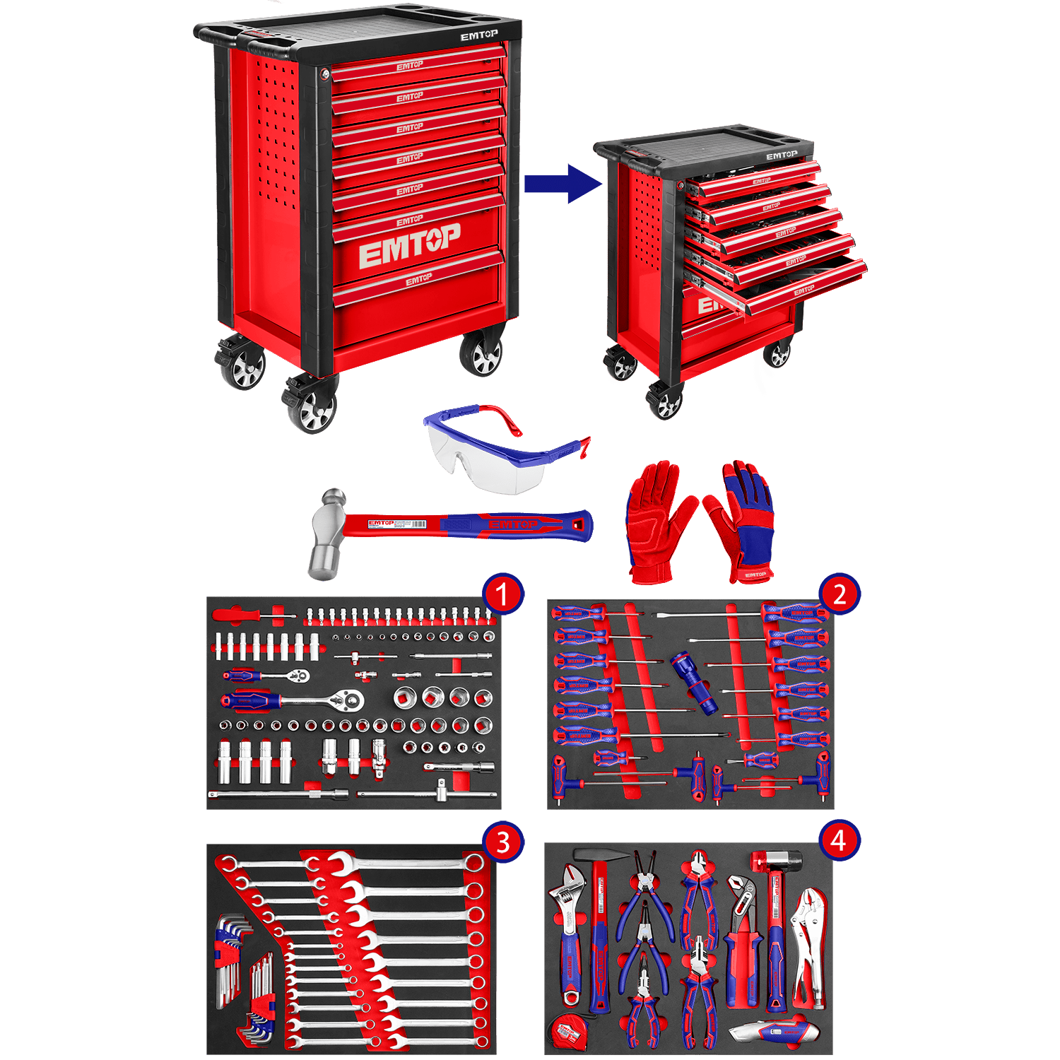 Carro porta herramientas, incluye 163 piezas - EMTOP MEXICO