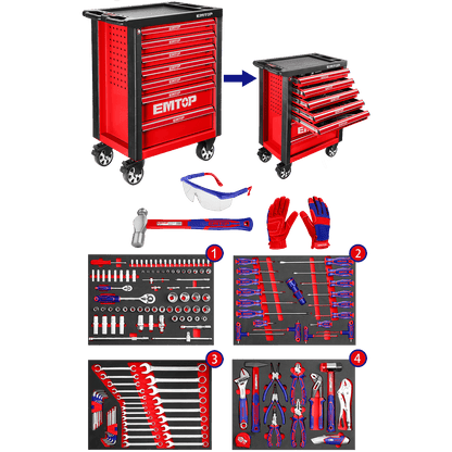 Carro porta herramientas, incluye 163 piezas - EMTOP MEXICO