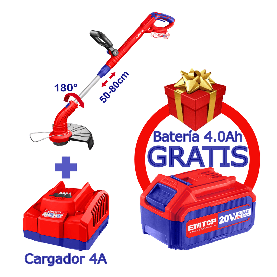 Combo Desbrozadora inalámbrica de 20 V de 300mm con 1 cargador 4A+1 Batería 4Ah GRATIS - EMTOP MEXICO