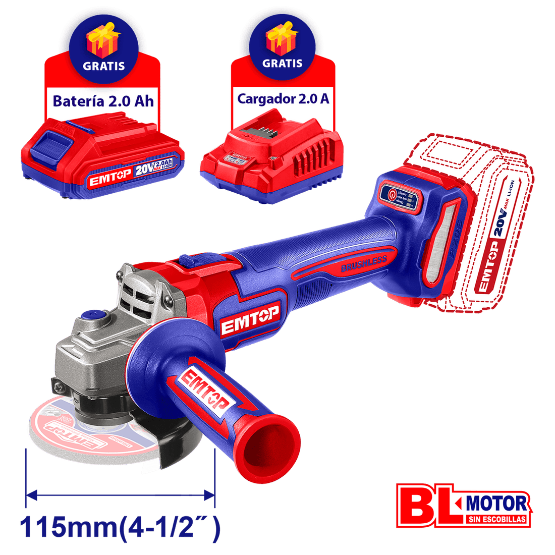 Combo Esmeriladora angular 4 - 1/2&quot;, Inalámbrico 20 V, Motor Brushless - EMTOP MEXICO