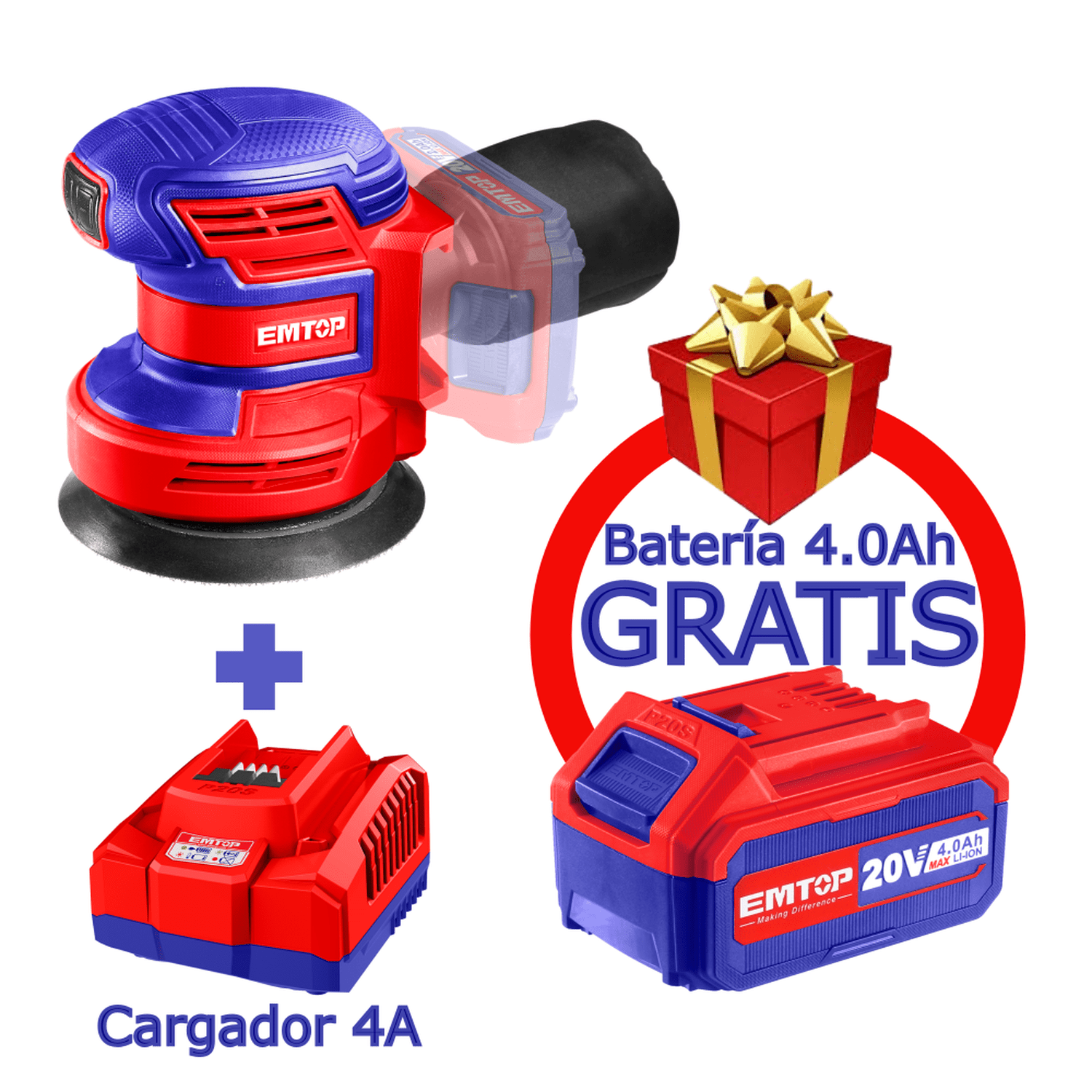 Combo Lijadora Roto orbital 5&quot; inalámbrica de 20 V con 1 cargador 4A + 1 batería 4Ah GRATIS - EMTOP MEXICO