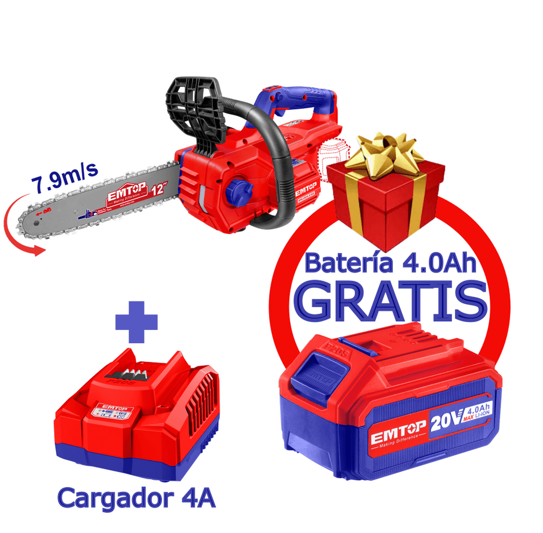 Combo Motosierra 12&quot;, inalámbrica de 20 V, Motor Brushless con 1 cargador 4A + 1 batería 4Ah GRATIS - EMTOP MEXICO