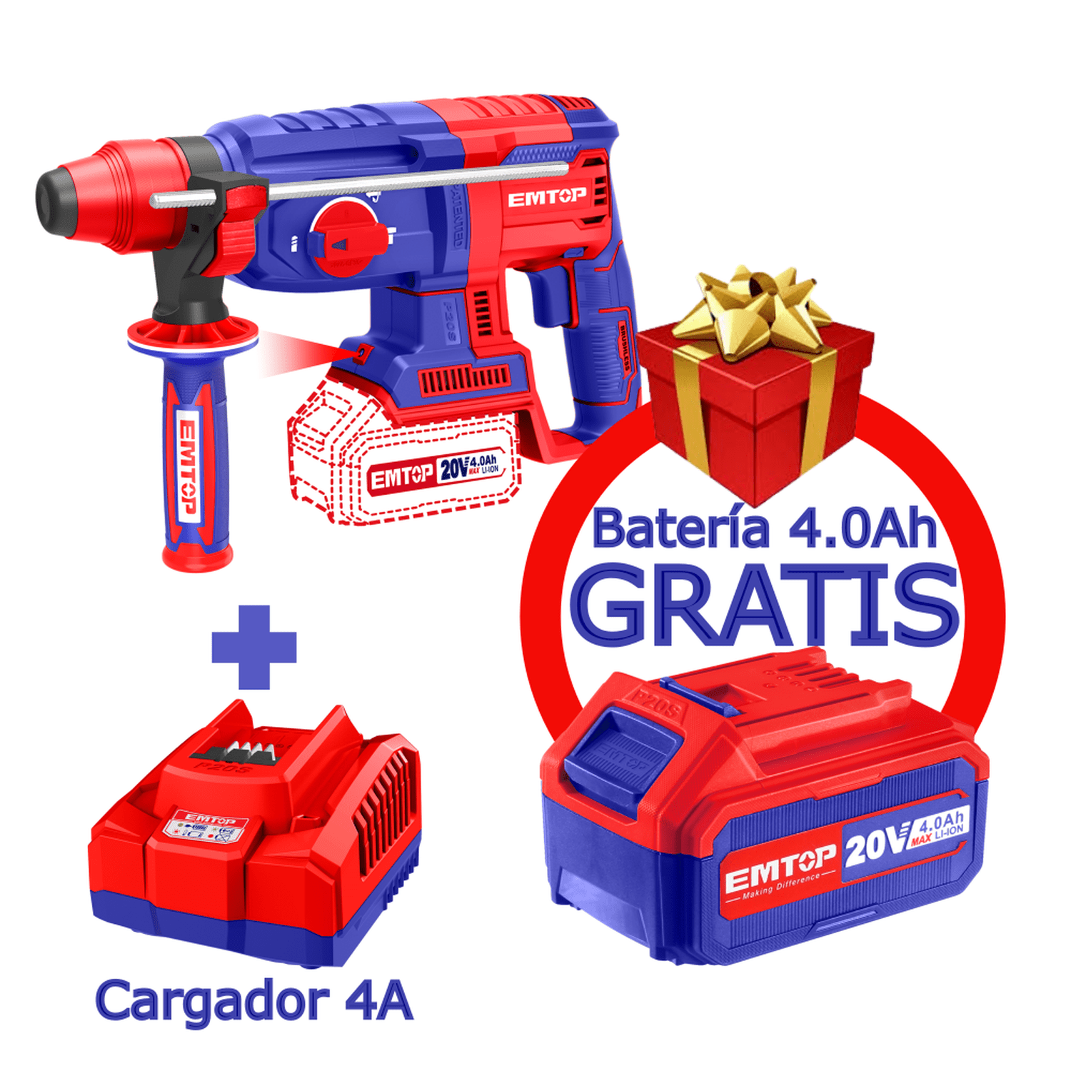 Combo Rotomartillo SDS Plus inalámbrico 20 V, Motor Brushless, incluye 3 brocas y 1 cincel con 1 car - EMTOP MEXICO