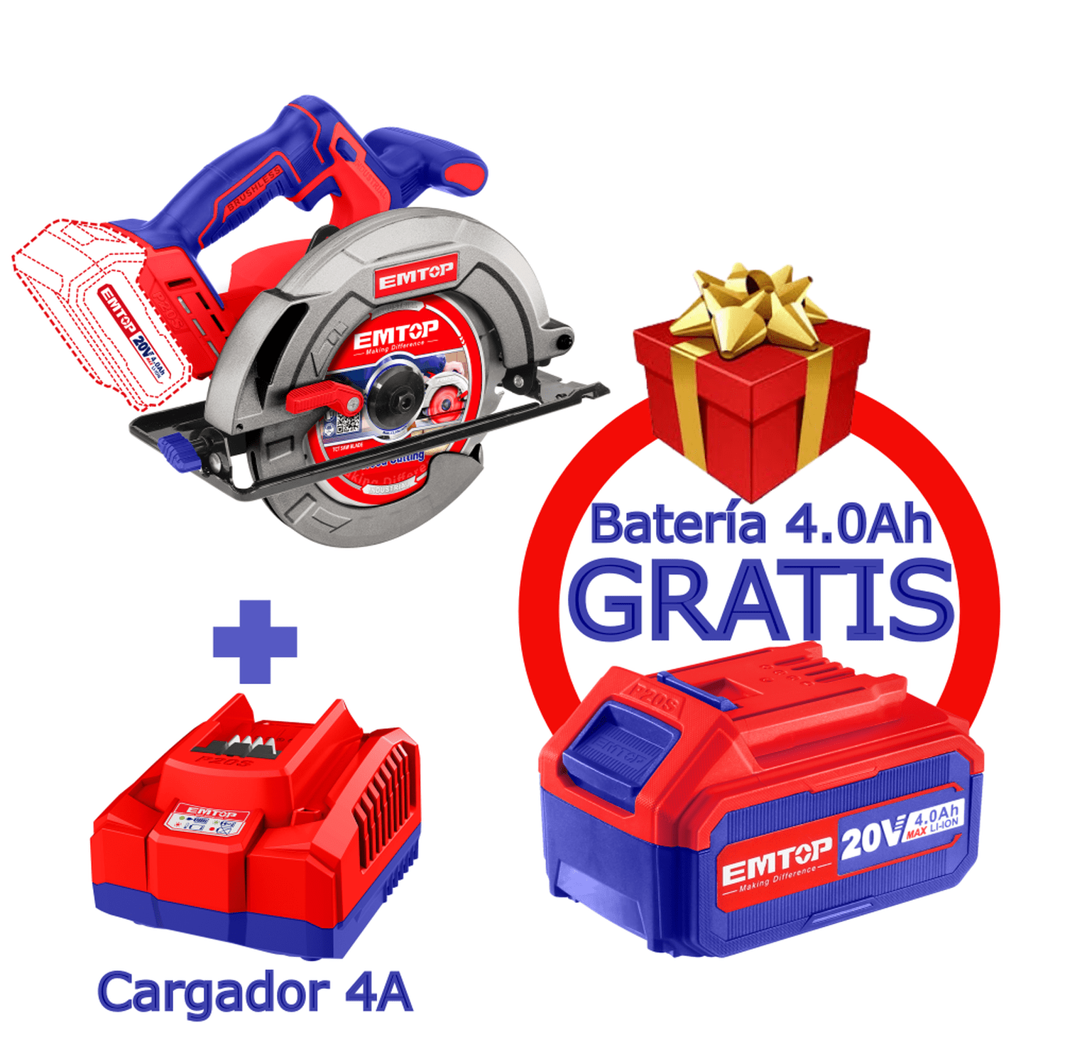 Combo Sierra circular, Inalámbrico 20 V, Motor Brushless con 1 cargador 4A + 1 batería 4Ah GRATIS - EMTOP MEXICO