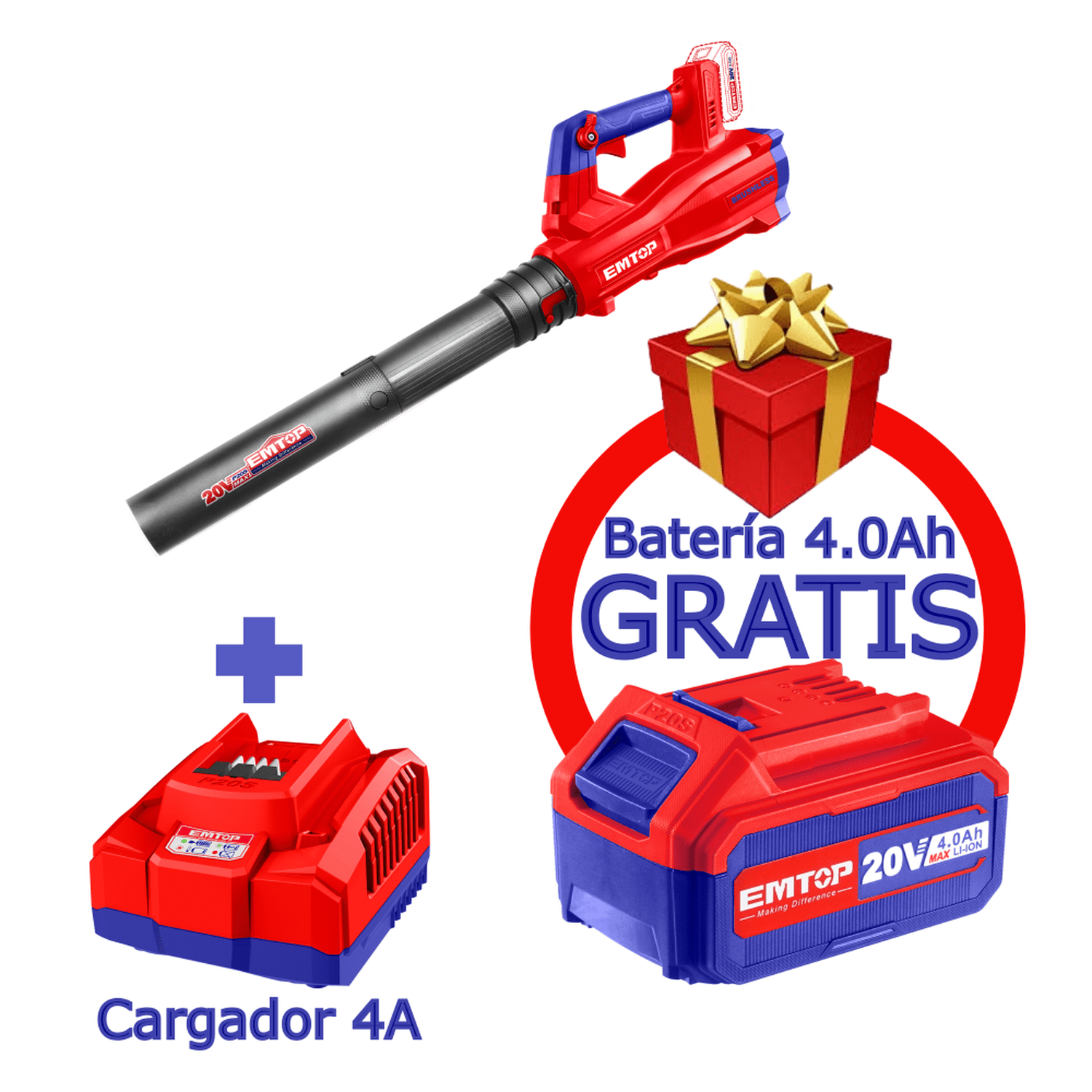 Combo Sopladora inalámbrica de 20 V con 1 cargador 4A + 1 batería 4Ah GRATIS - EMTOP MEXICO