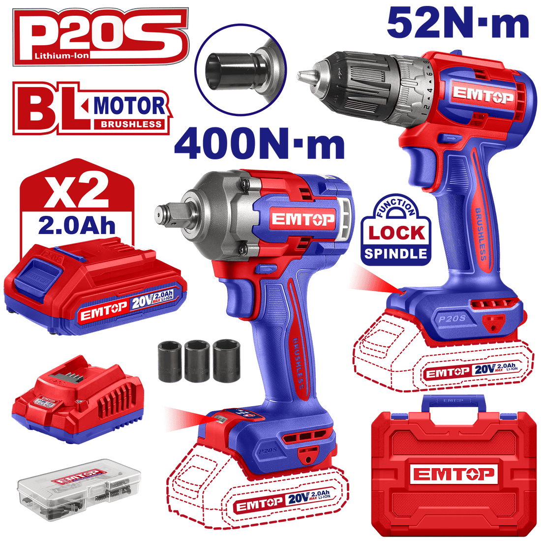 Combo Taladro - Atornillador 52 Nm y Llave de impacto de 400Nm, encastre 1/2&quot; Brushless - EMTOP MEXICO