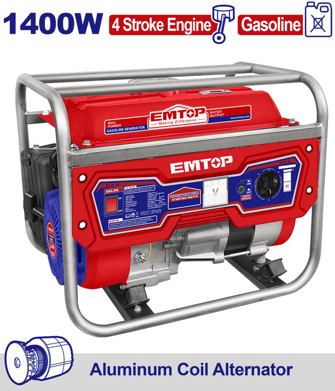 Generador de gasolina 1400 W, motor de 4 tiempos - EMTOP MEXICO