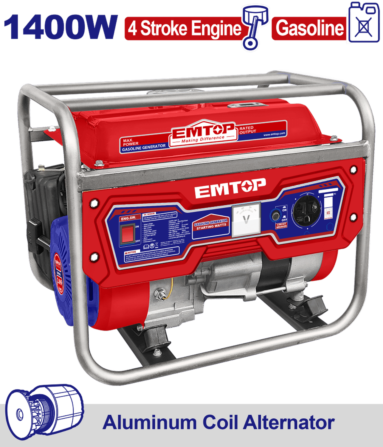 Generador de gasolina 1400 W, motor de 4 tiempos - EMTOP MEXICO