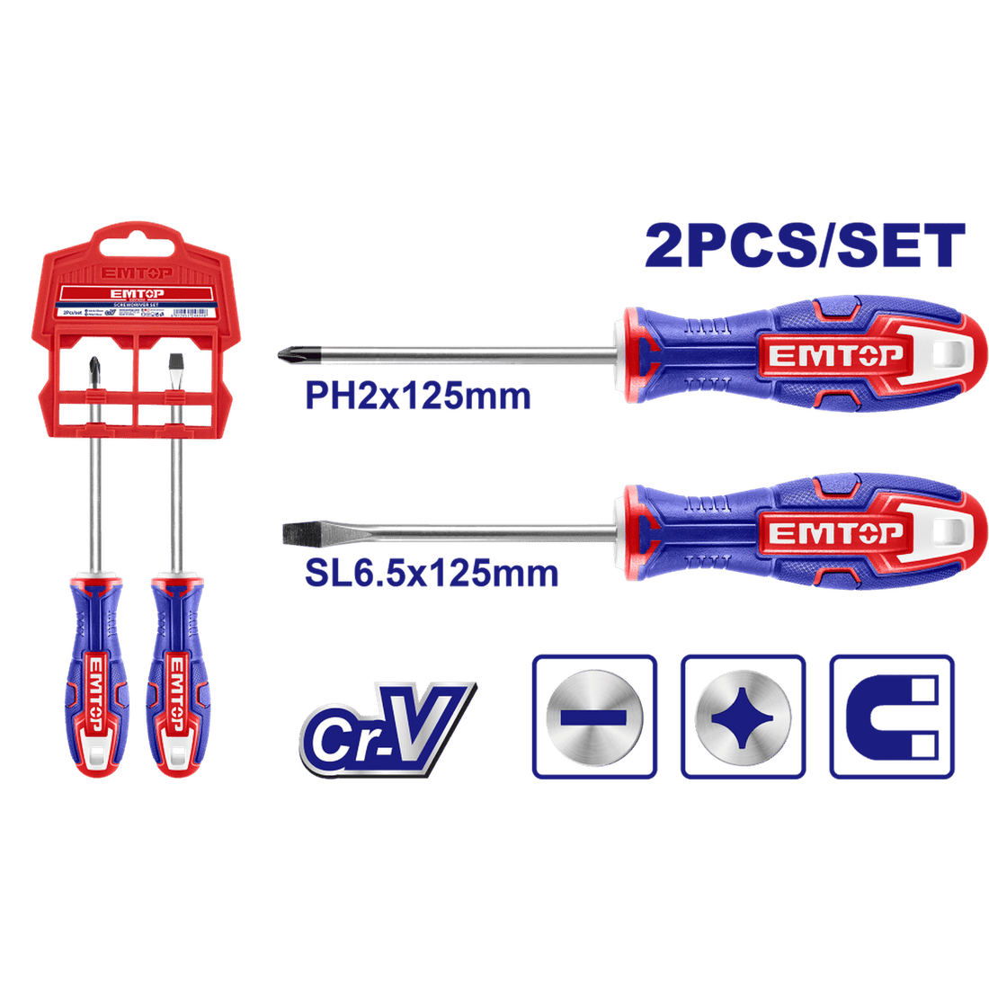 Juego de 2 desarmadores, plano y cruz, Cr - v - EMTOP MEXICO
