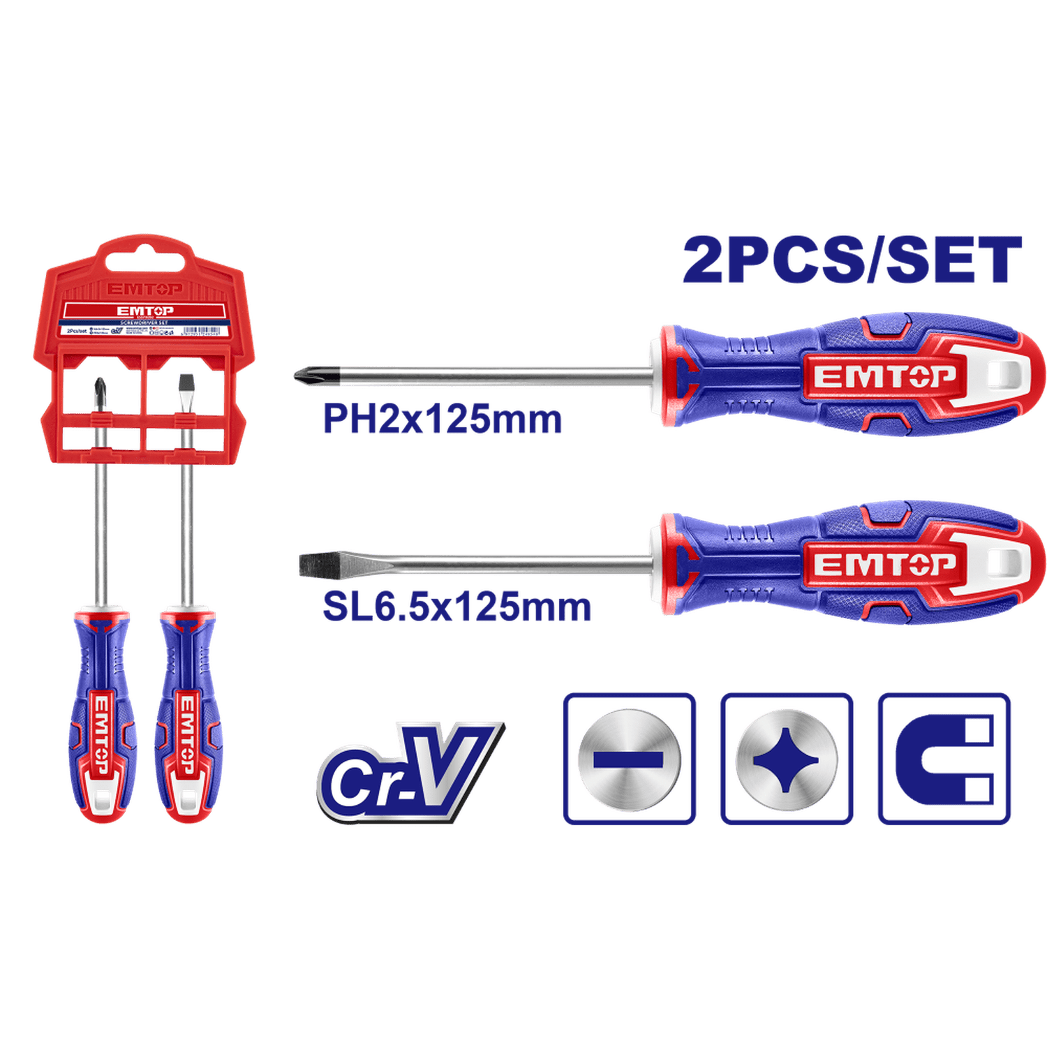Juego de 2 desarmadores, plano y cruz, Cr - v - EMTOP MEXICO
