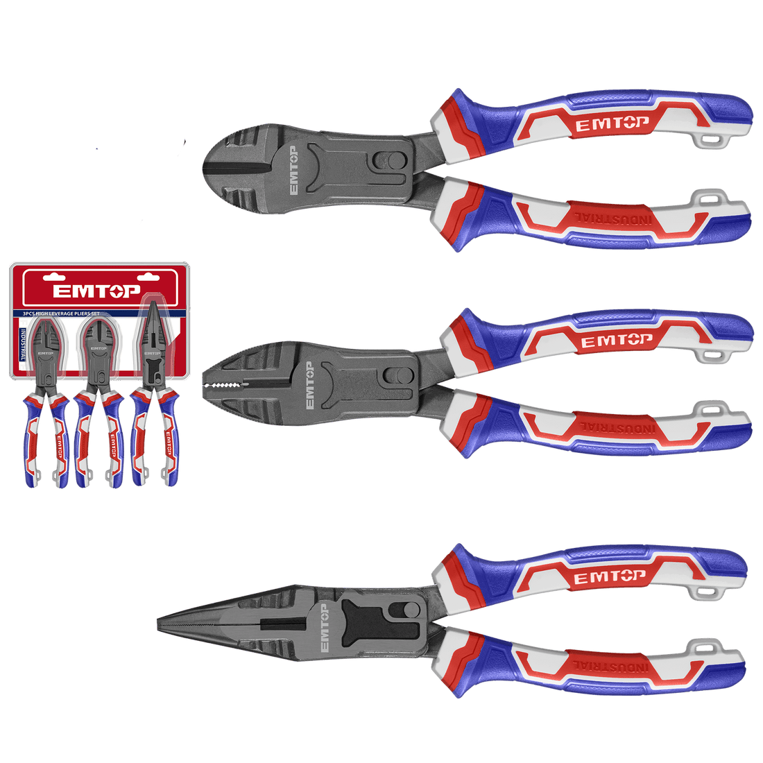 Juego de 3 pinzas de acción compuesta, corte, electricista y punta - EMTOP MEXICO