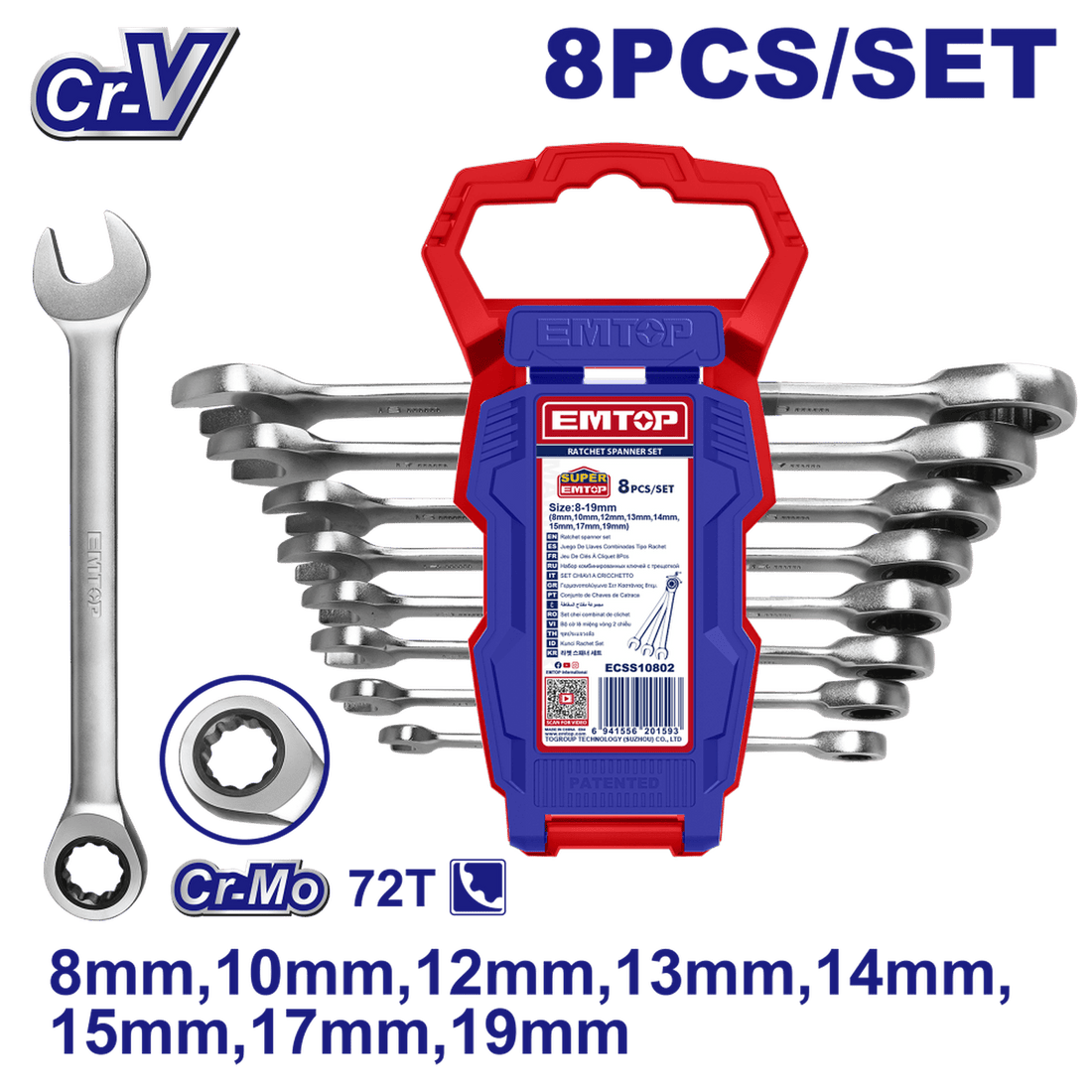 Juego de 8 llaves combinadas con matraca 8 - 19 mm, Cr - V - EMTOP MEXICO
