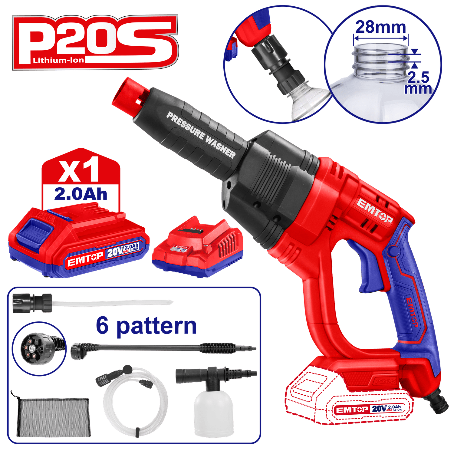 Kit Hidrolavadora 24.8 Bar, inalámbrica de 20V con bateria y cargador - EMTOP MEXICO