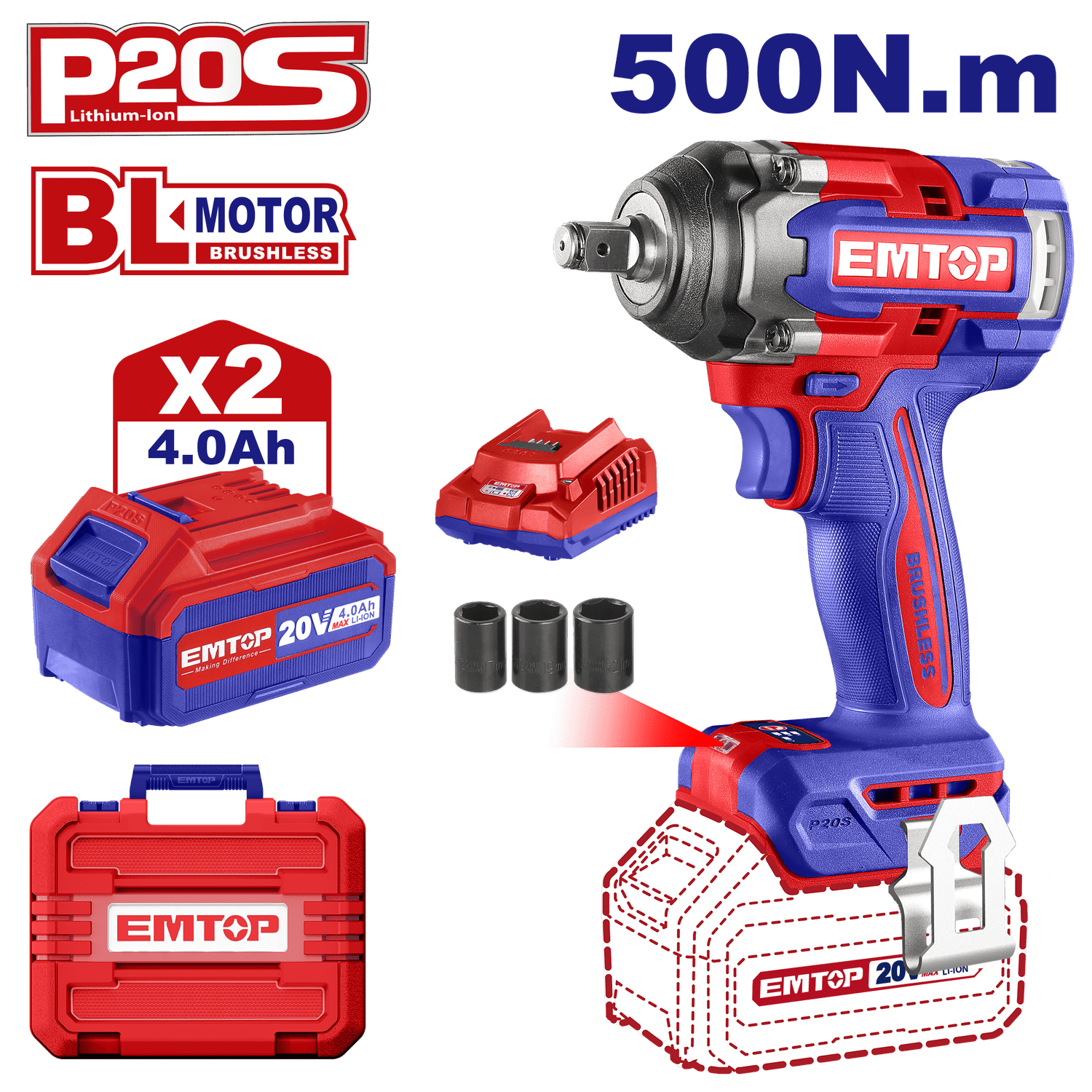 Kit Llave de impacto 1/2&quot; 500Nm, inalámbrica 20V, Brushless - EMTOP MEXICO