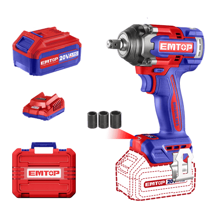 Kit Llave de impacto 1/2&quot; 500Nm, inalámbrica 20V, Brushless - EMTOP MEXICO