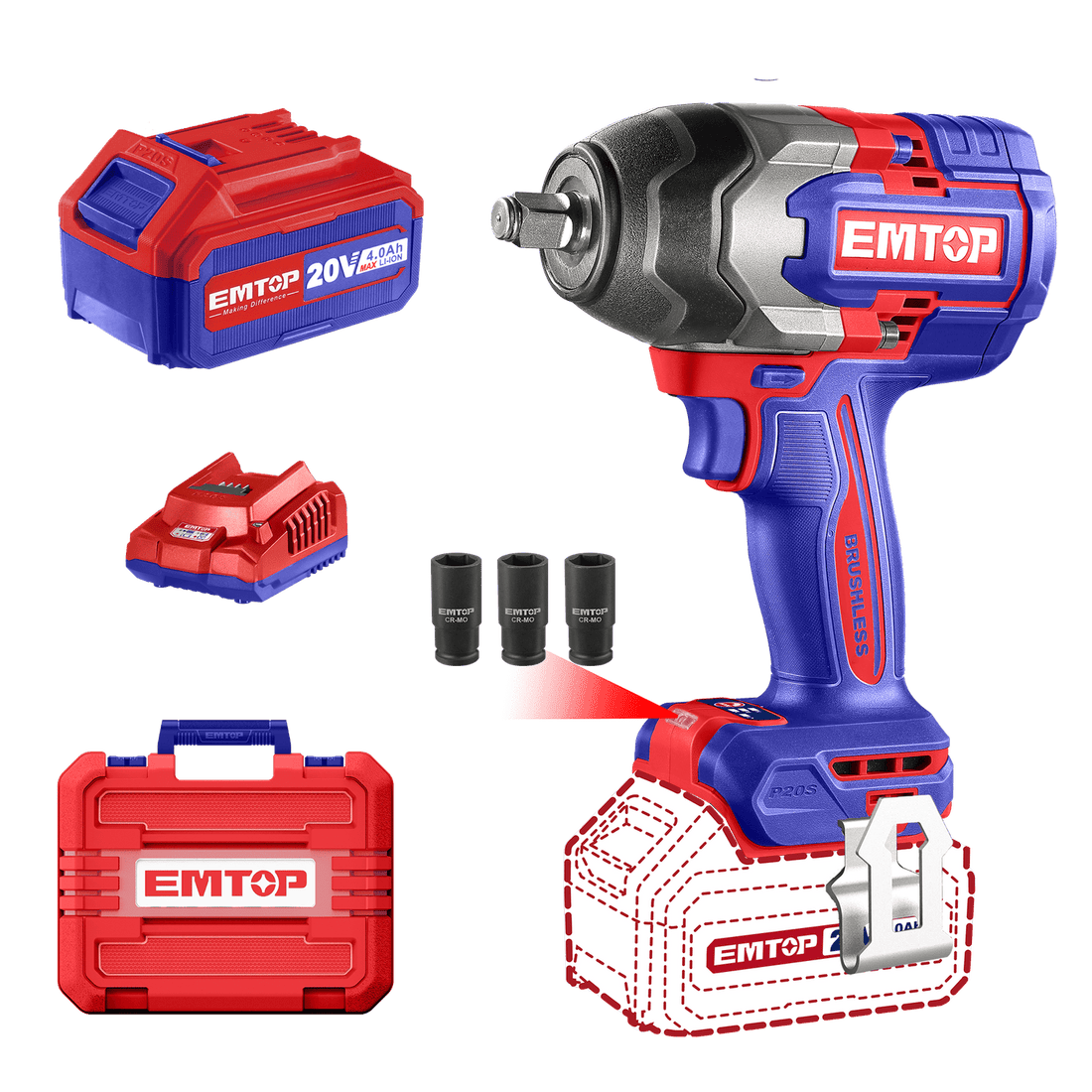 Kit Llave de impacto 1/2&quot; 850Nm, inalámbrica 20V, Brushless - EMTOP MEXICO