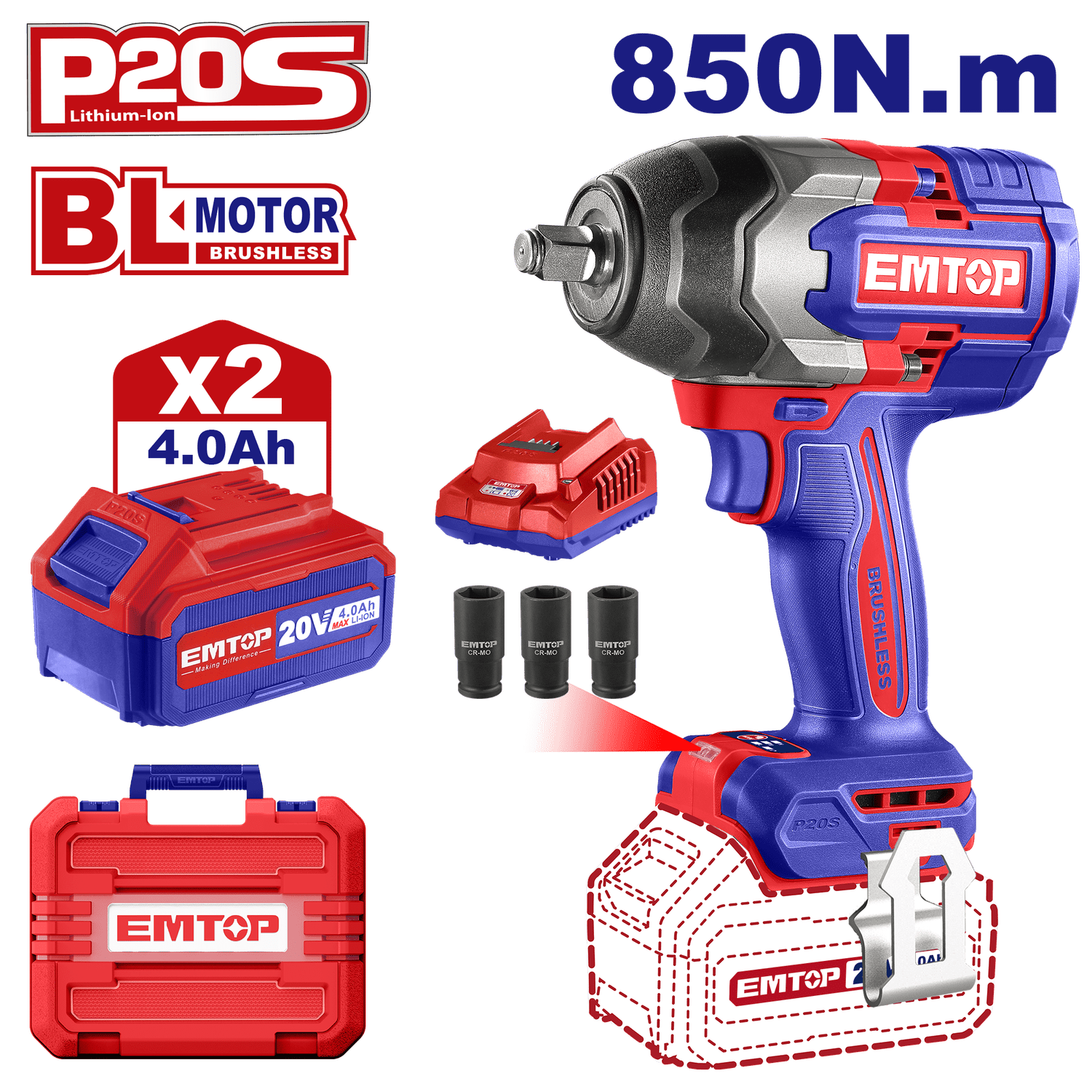 Kit Llave de impacto 1/2&quot; 850Nm, inalámbrica 20V, Brushless - EMTOP MEXICO