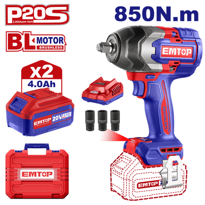 Kit Llave de impacto 1/2&quot; 850Nm, inalámbrica 20V, Brushless - EMTOP MEXICO