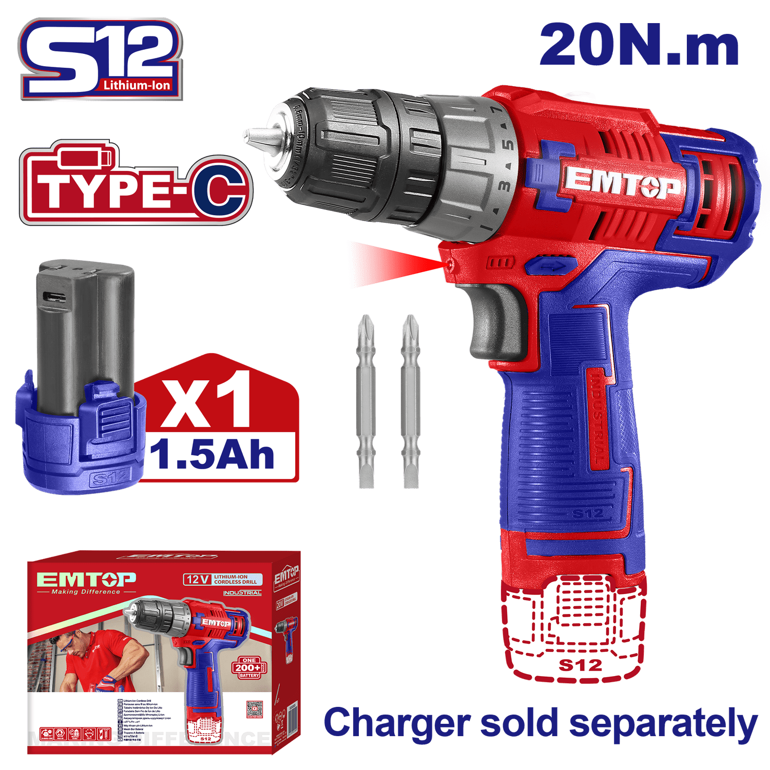 Kit Taladro - Atornillador 20 Nm, inalámbrico 12V - EMTOP MEXICO