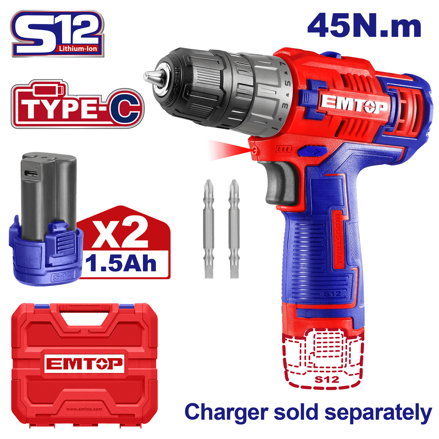 Kit Taladro - Atornillador, 45 Nm EMTOP inalámbrico de 12V - EMTOP MEXICO