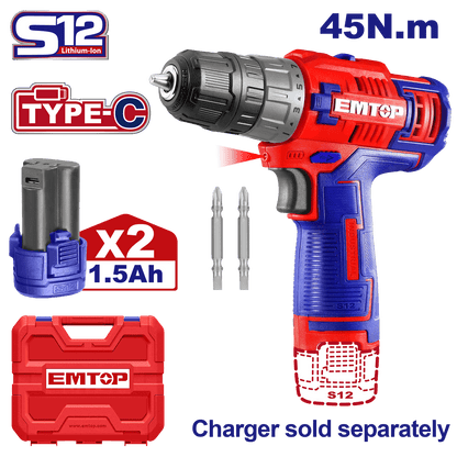 Kit Taladro - Atornillador, 45 Nm EMTOP inalámbrico de 12V - EMTOP MEXICO