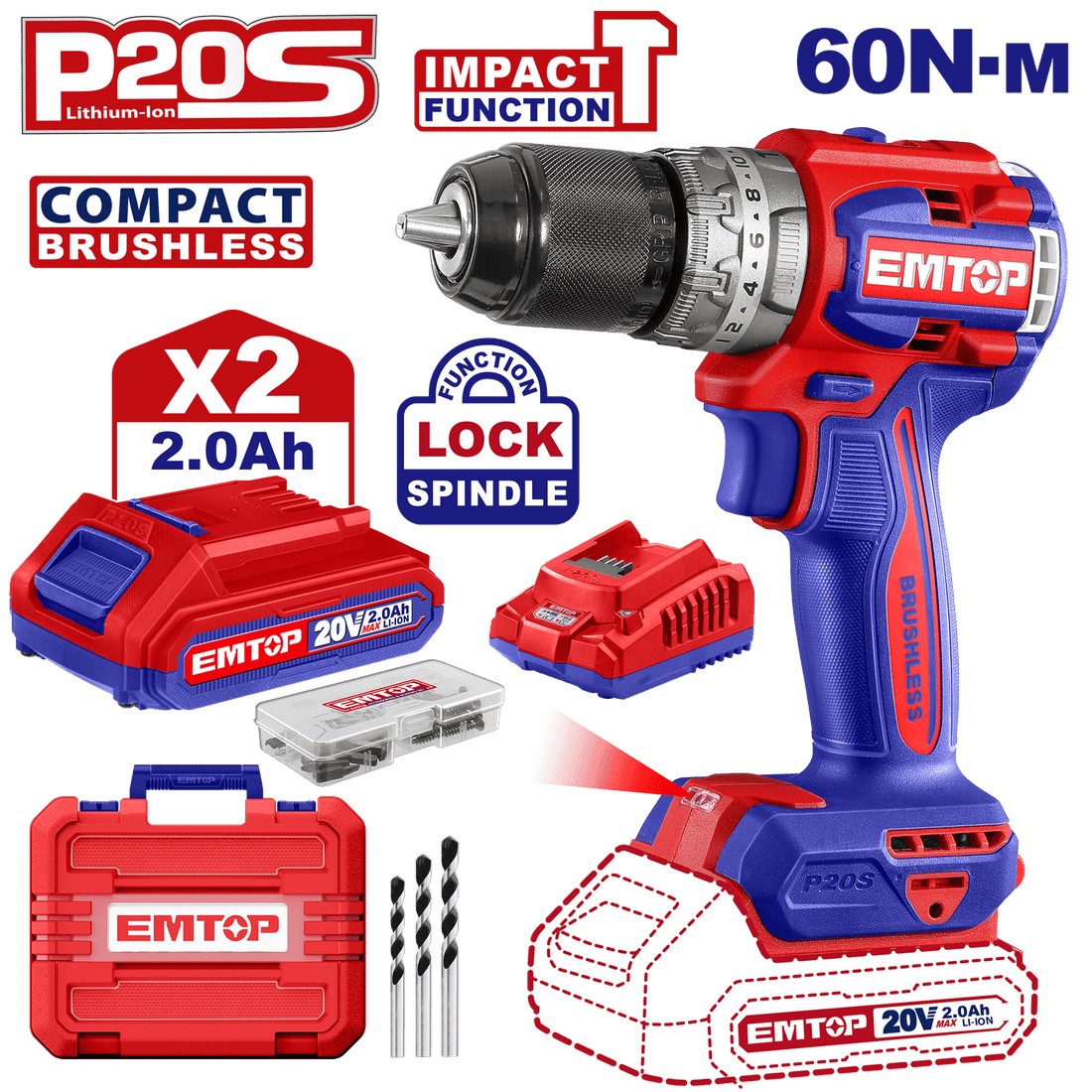 Kit Taladro de impacto 1/2&quot;, 60Nm EMTOP inalámbrico 20V, Brushless - EMTOP MEXICO