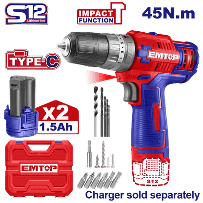 Kit Taladro de impacto 45Nm, inalámbrico 12V - EMTOP MEXICO