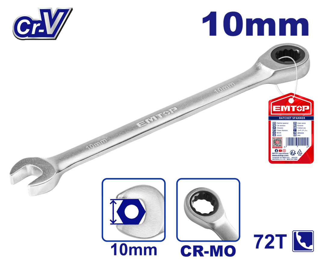 Llave combinada con matraca 10 mm, Cr - V - EMTOP MEXICO