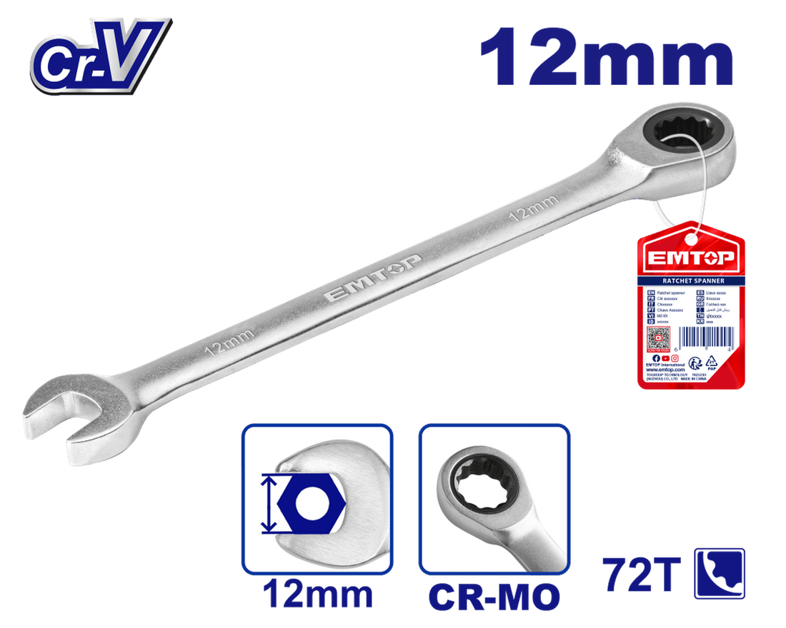 Llave combinada con matraca 12 mm, Cr - V - EMTOP MEXICO