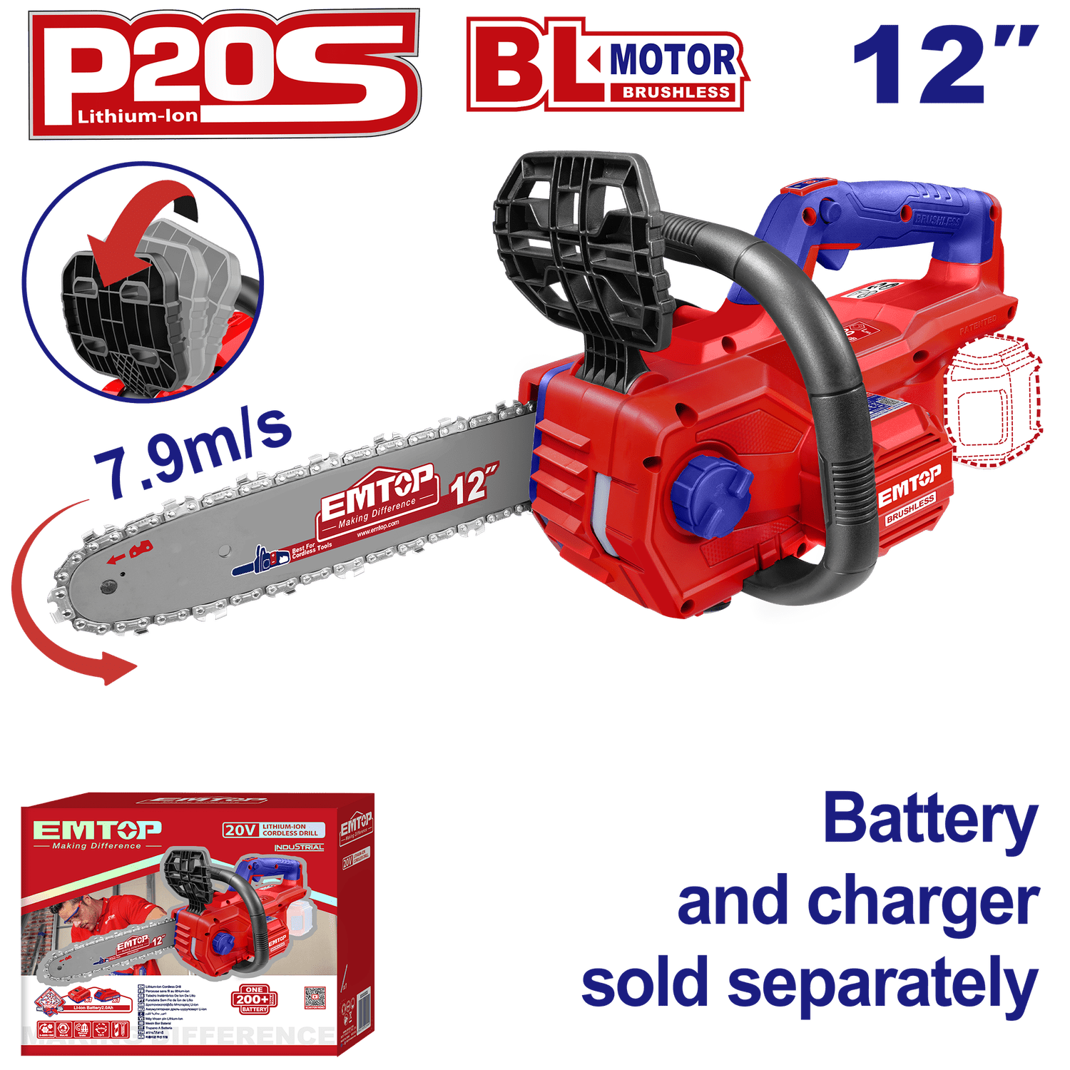 Motosierra 12&quot;, inalámbrica de 20V, Brushless - EMTOP MEXICO