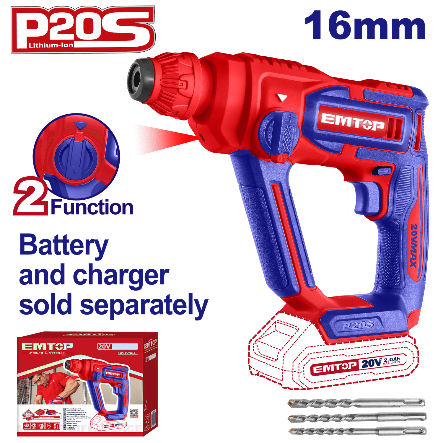 Rotomartillo SDS Plus, 1.5 J, inalámbrico 20V - EMTOP MEXICO