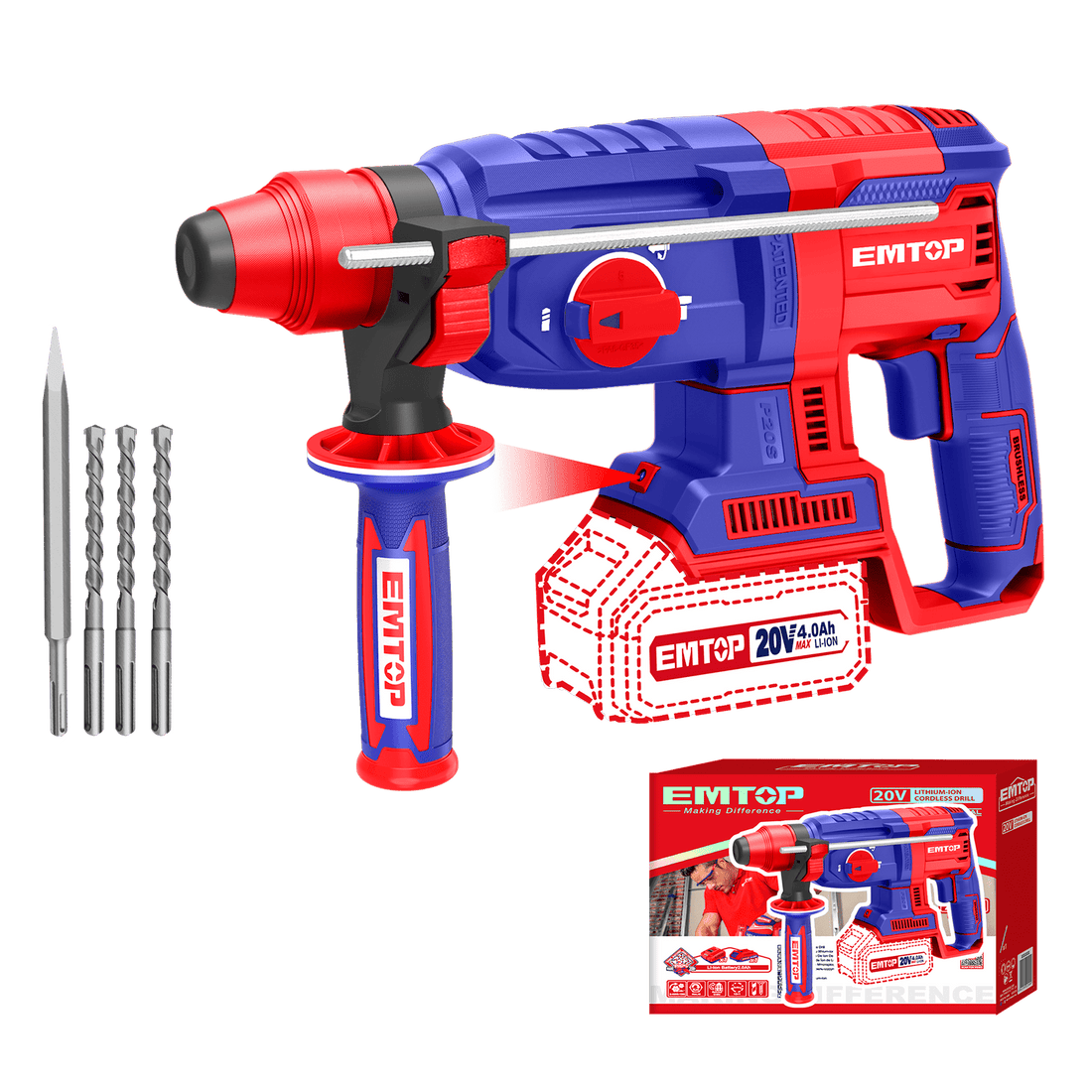 Rotomartillo SDS Plus inalámbrico 20V, Brushless - EMTOP MEXICO