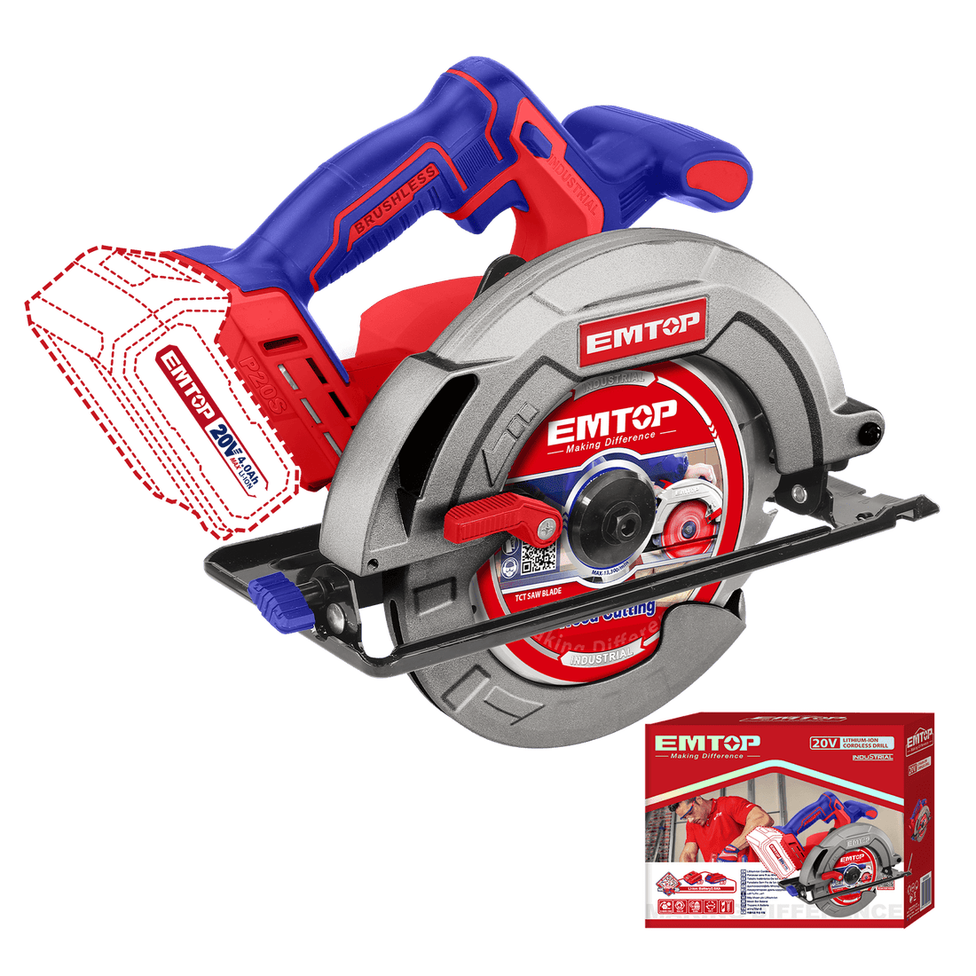 Sierra circular de mano inalámbrica 20V EMTOP Brushless, hoja de 185 mm - EMTOP MEXICO